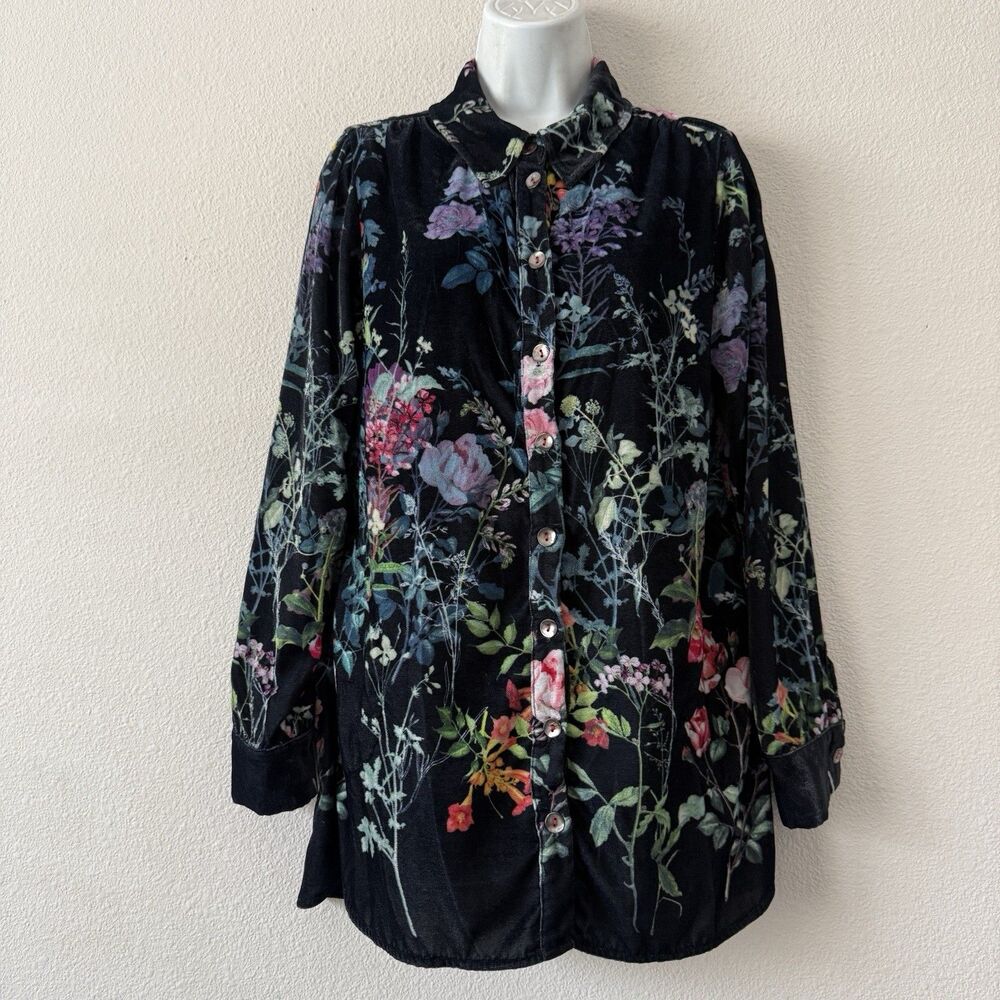 Soft Surroundings Jardim Velvet Dark Floral M Button Up Long Sleeve Boho Fall